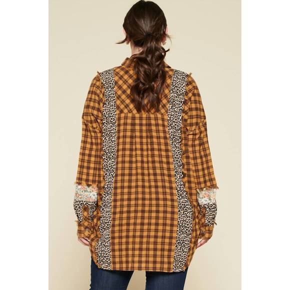 NEW ODDI plaid oversized floral and animal print plus shirt in mustard and brown - Picture 2 of 2